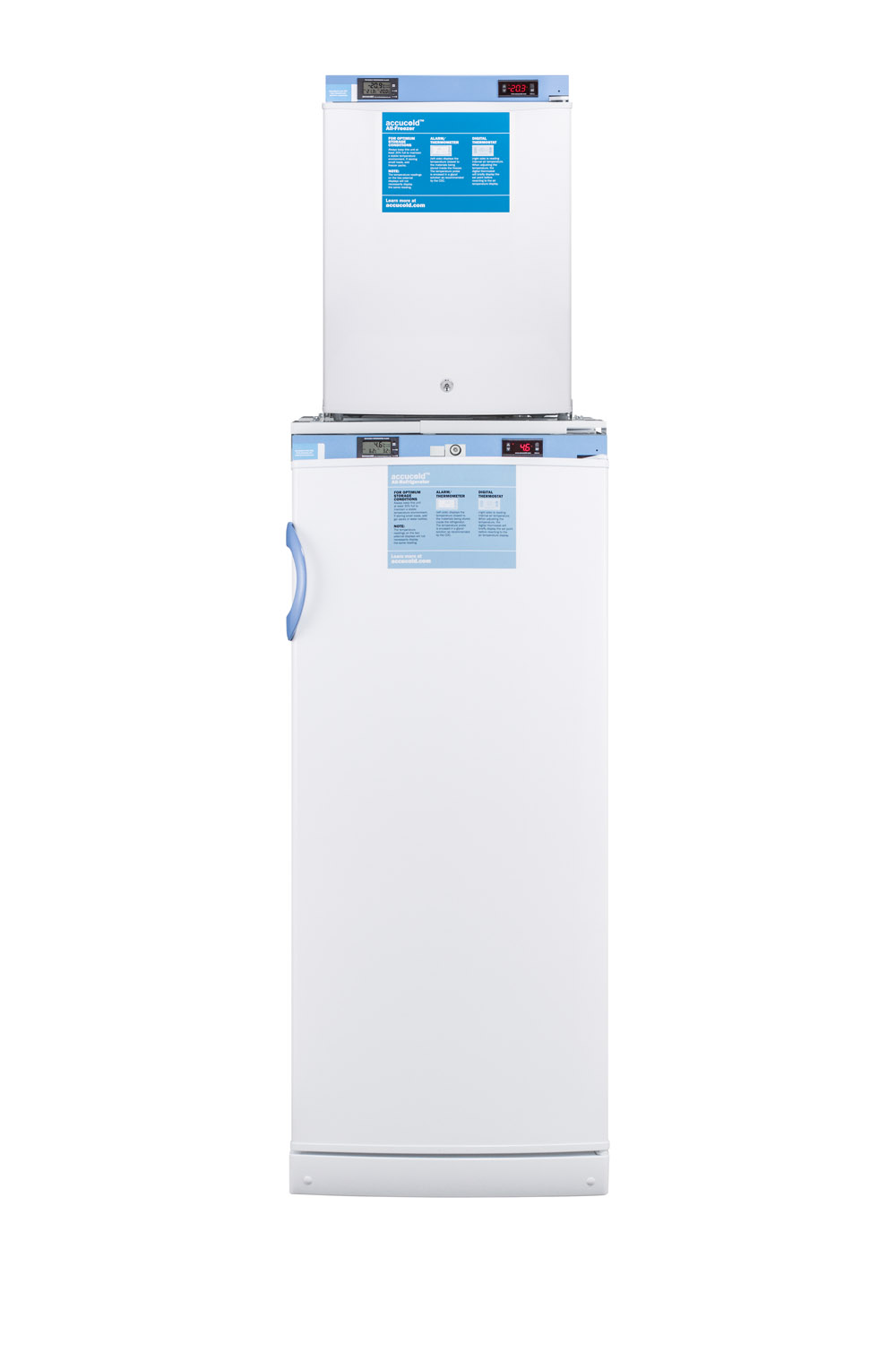 Stacked combination of FFAR10MED2 auto defrost all-refrigerator and FS30LMED2 compact manual defrost all-freezer, both with locks, digital controls, and NIST calibrated alarm/thermometers